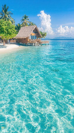 tropical beach in Maldives with few palm trees and blue lagoonの写真素材