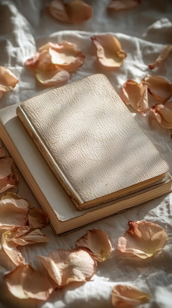Vintage book with rose petals on white linen tablecloth.