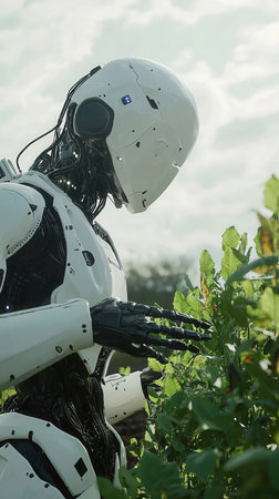 Robot with green plant in the garden. Artificial intelligence robot.の写真素材