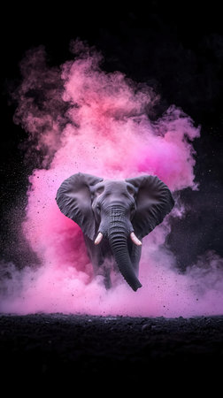 African elephant in pink dust cloud, conceptual image of power and energyの写真素材