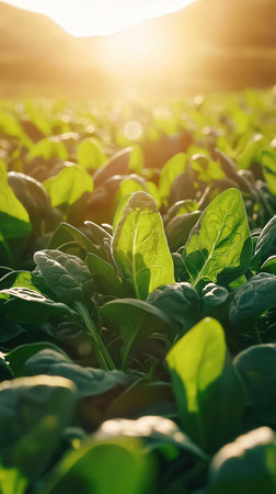 Close-up of young green spinach growing on the field at sunset