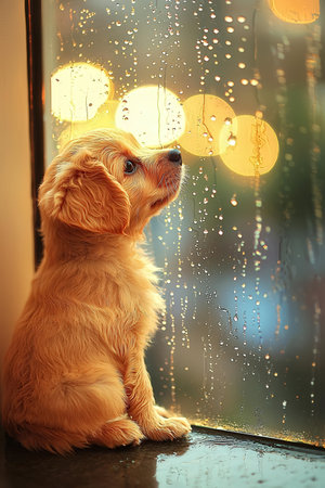 Cute puppy sitting on window sill and looking out of raindrops