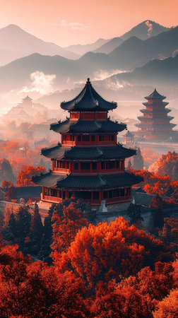 Pagoda and pagoda in chinese temple in autumn seasonの写真素材