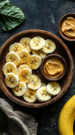 Banana Slices with honey in wooden bowl on black backgroundの写真素材