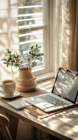 Laptop, a cup of coffee and a plant on the windowsill