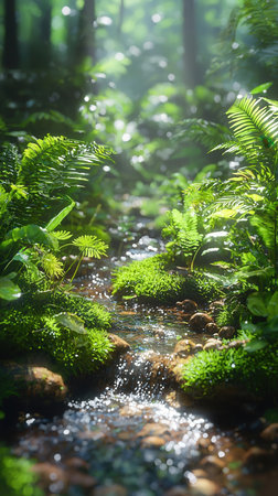 Small stream in the green forest. Natural background. Selective focus.の写真素材