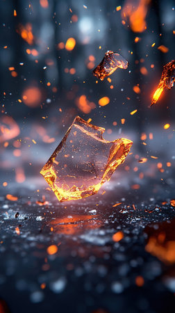 Falling ice cubes on dark background with copy space.の写真素材