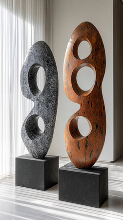 Modern interior design, 3d rendering, 3d illustration. Black and white marble sculpture in a room