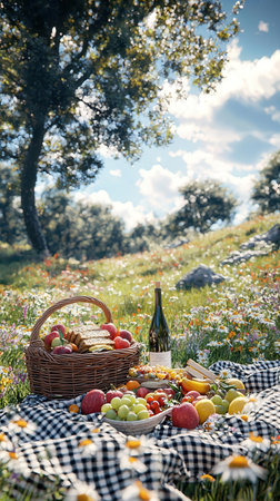 Picnic in the countryside on a sunny day. Picnic basket with fruits and wine.の写真素材