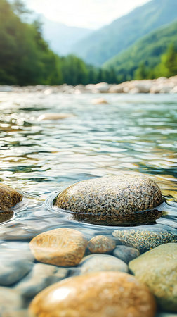 Pebbles in the water of a mountain river. Nature backgroundの写真素材