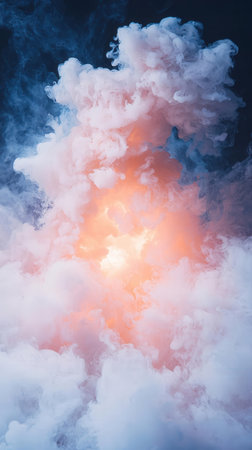 Fiery explosion of pink and blue smoke on a black background.の写真素材
