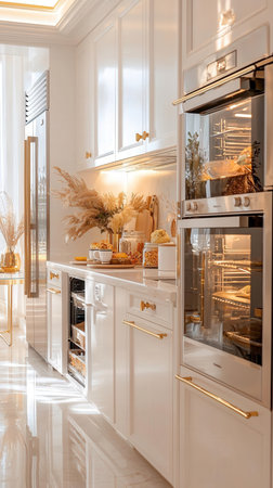 interior of a luxury classic kitchen with white cabinets and ovensの写真素材