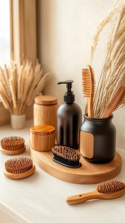Set of eco-friendly bamboo toothbrushes, soap and shampoo on shelf in bathroomの写真素材