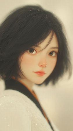 Portrait of a beautiful young girl with long black hair in a white sweater
