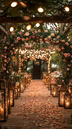 Wedding arch decorated with roses and lanterns. Wedding decoration