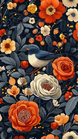 Seamless pattern with flowers and birds. Hand drawn vector illustration.の写真素材