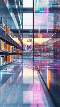 3d rendering of modern library interior with bookshelves and windows