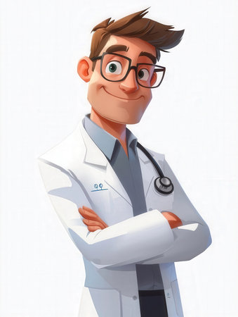 Cartoon doctor with a stethoscope on his neck and glassesの写真素材