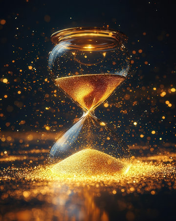 Hourglass with golden sparks on a dark background. 3d rendering