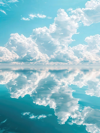 Blue sky with white clouds reflected in the water. Nature background.