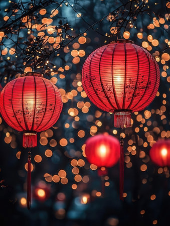 Red Chinese lanterns on the background of bokeh lights.