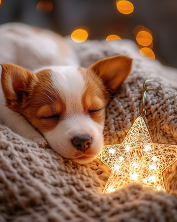 Cute Chihuahua puppy sleeping on the bed with Christmas lightsの写真素材
