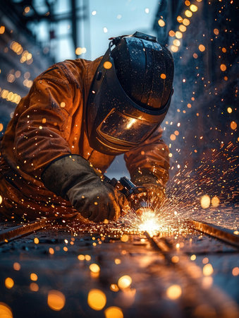 Welder at work in a construction site, sparks fly in different directions