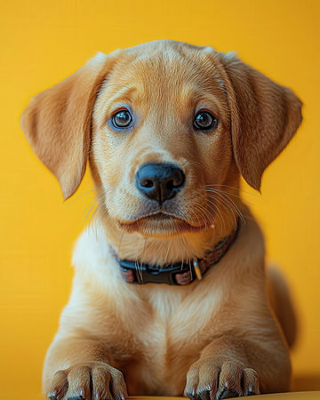 Labrador retriever puppy on a yellow background. Close-up.