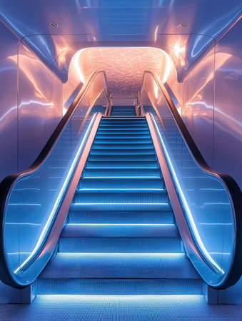 Modern escalator in blue and orange colors. 3D rendering.