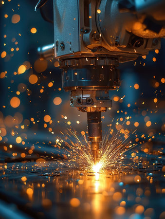 Industrial laser cutting metal with sparks flying in the air. Metal industry