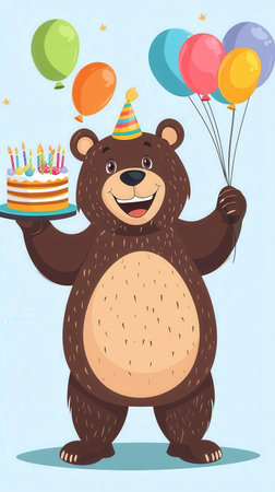 Cute cartoon bear with birthday cake and balloons. Vector illustration.の写真素材