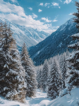 Beautiful winter landscape with snowy fir trees in mountains. Retro style