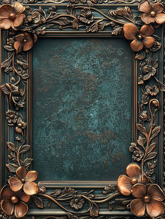 Vintage frame with floral ornament on blue background. 3D rendering