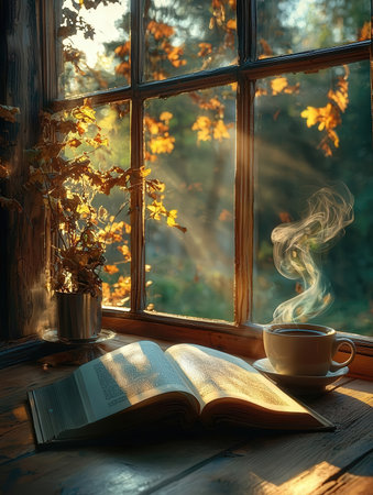 A cup of coffee and a book on the windowsill in autumn
