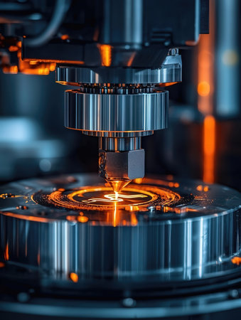 The CNC milling machine cutting the metal part with the sparking light. The hi-technology mold and die manufacturing process.の写真素材