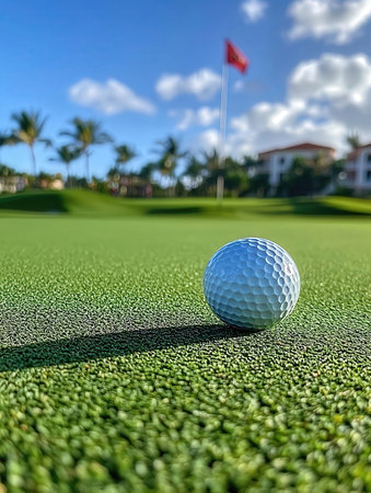 Golf ball on the green of a golf course with a flag