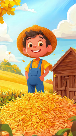 Illustration of a happy farmer in a wheat field at harvest timeの素材