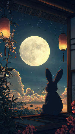 Easter bunny sitting in front of window with full moon at nightの素材