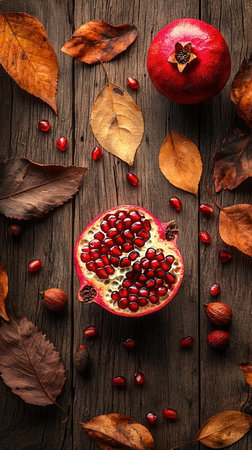 Ripe pomegranate fruit and autumn leaves on wooden backgroundの素材