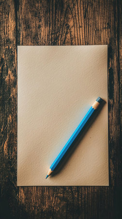 Blank sheet of paper and pencil on wooden background, vintage toneの素材