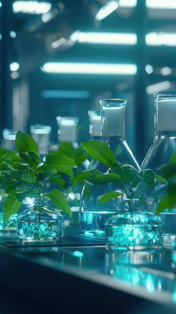 Laboratory glassware with green plants in science laboratory, science research and development conceptの素材