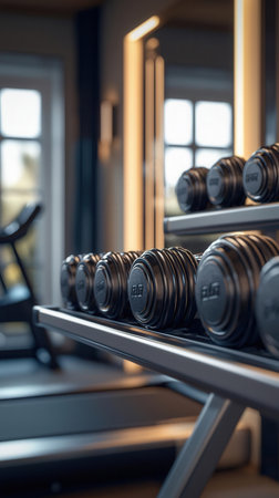 Dumbbells on a rack in a gym. 3d renderingの素材