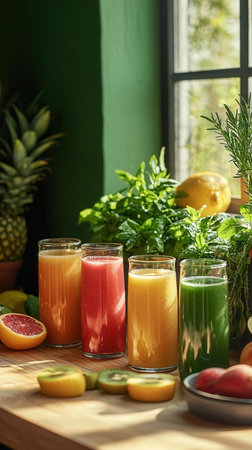 Fresh fruits and vegetable juices in glass on wooden table, closeupの素材
