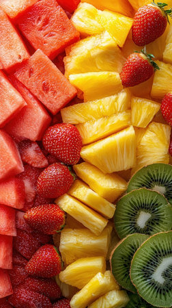 Variety of sliced fruit including pineapple, kiwi, watermelon and strawberriesの素材
