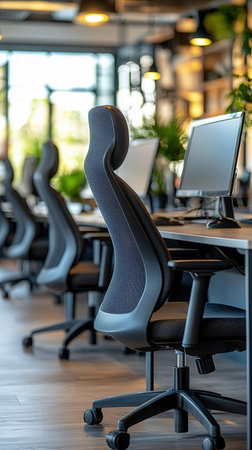 Office chairs and computer in modern meeting room interior. Workplace and lifestyle concept.の素材