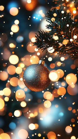 christmas tree and decoration on bokeh background - close upの素材