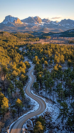 Aerial view of a winding road in the Canadian Rockies during winterの素材