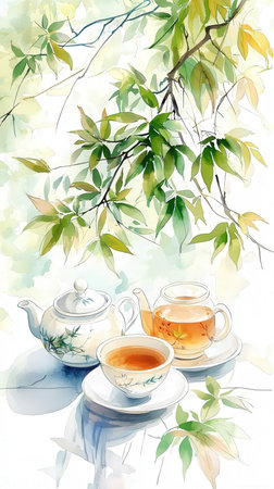 Tea set on a background of green leaves. Watercolor illustration.の素材