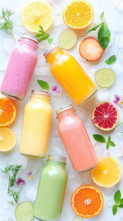 Colorful smoothies in bottles on a white background, top viewの素材