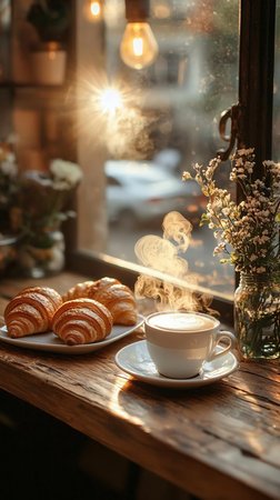 Cup of coffee and croissants on wooden table in cafeの素材